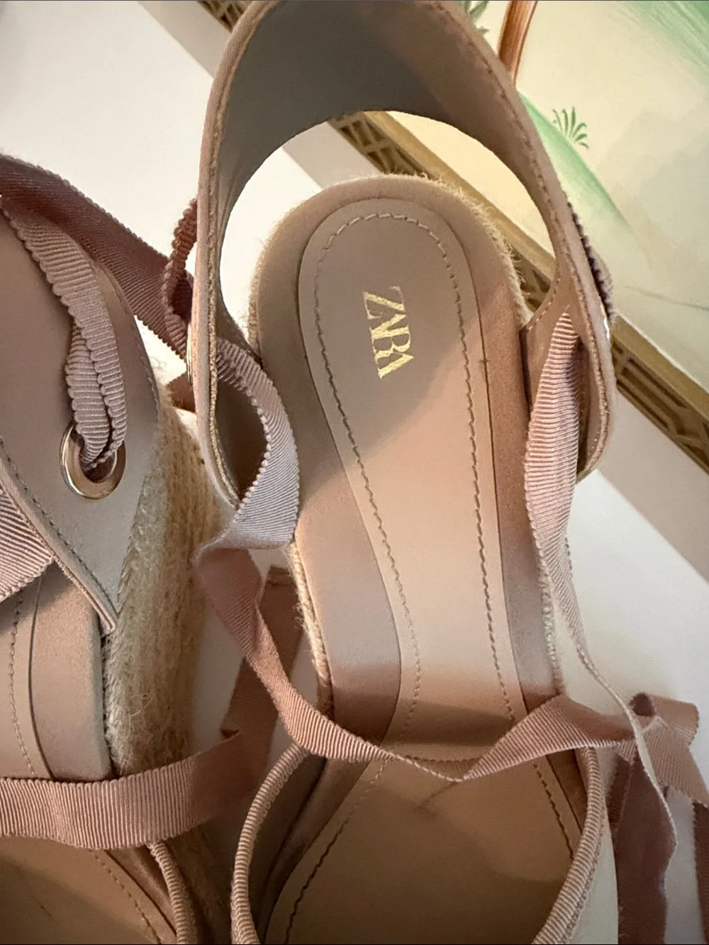 Zara Taupe Espadrille Wedge Sandals with Ankle Ribbon